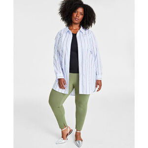 On 34th Plus Size 1X Cotton Tunic Blue Striped Button-Down Shirt NWT